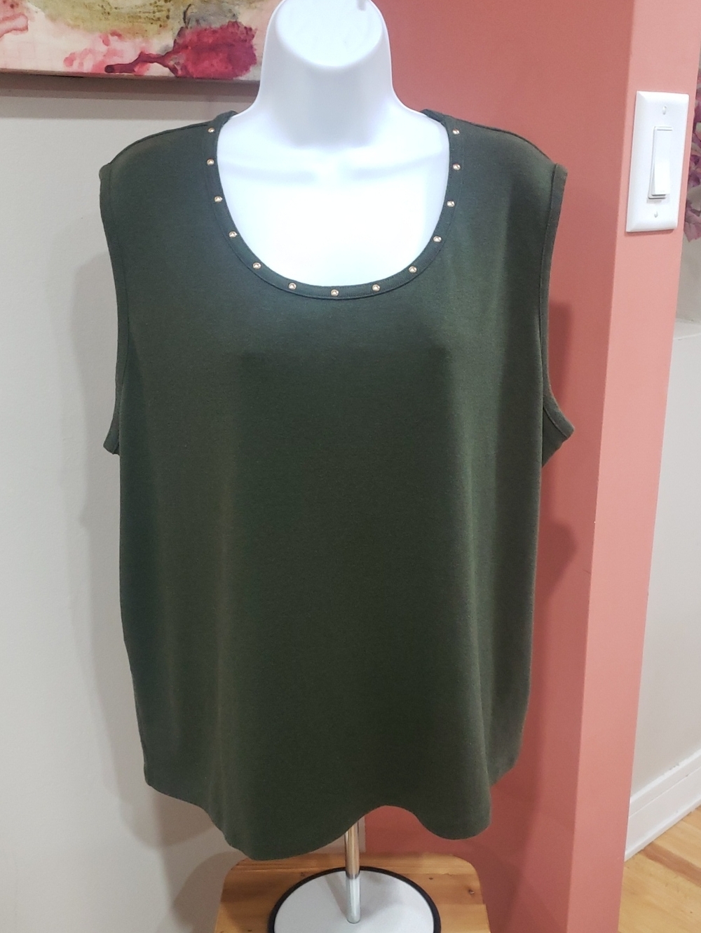 Rafaella Olive Green Crewneck Sleeveless Sweater Top with Gold Studs, 3X
